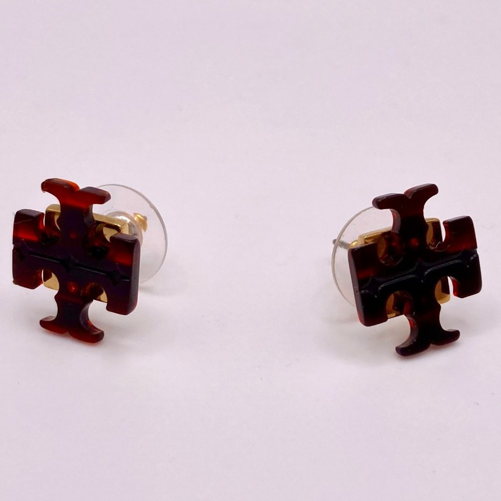Tory Burch Tortoise Resin Gold Back Post Earrings
